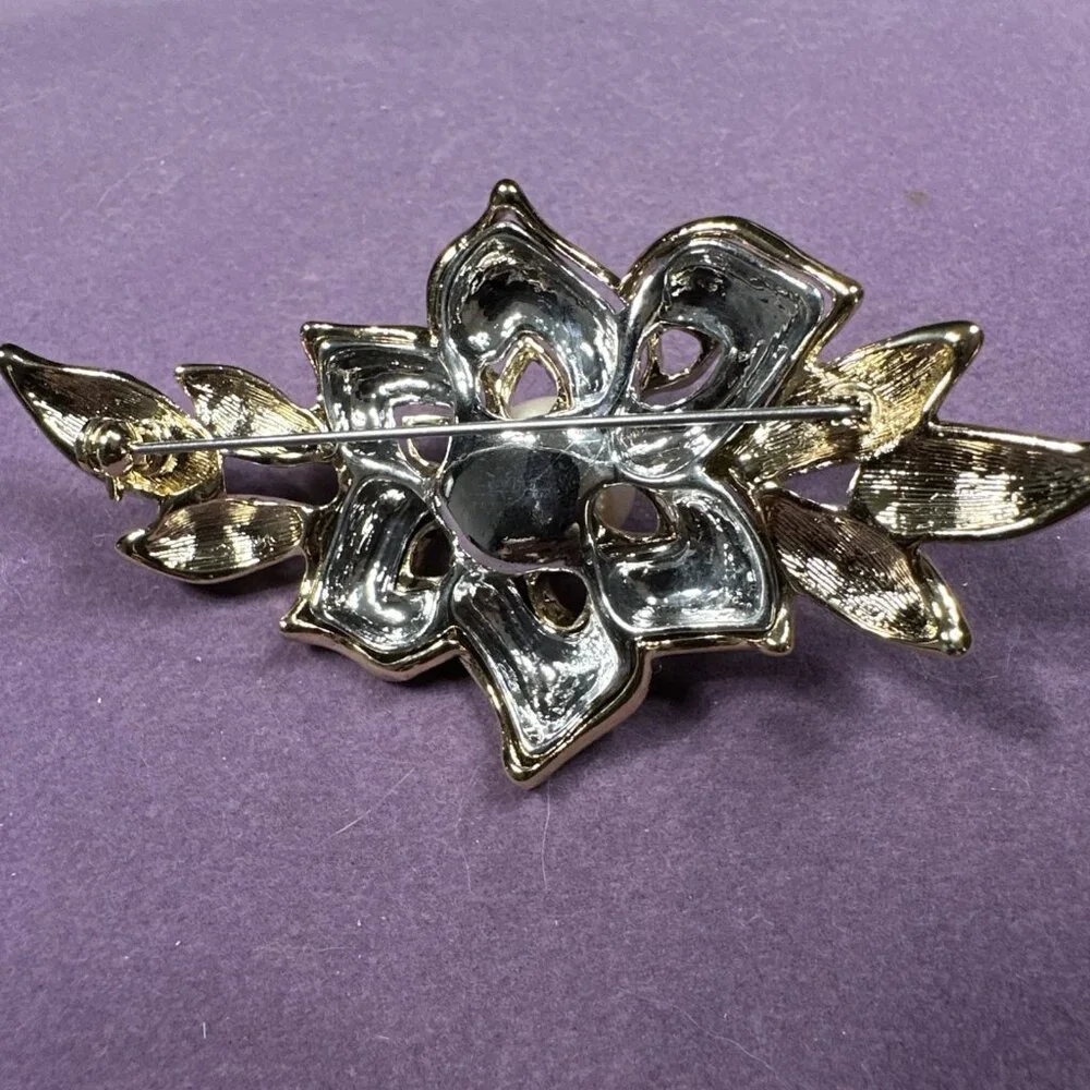 Vintage Park Lane Pave Rhinestone Floral Faux Pearl Goldtone Statement Brooch